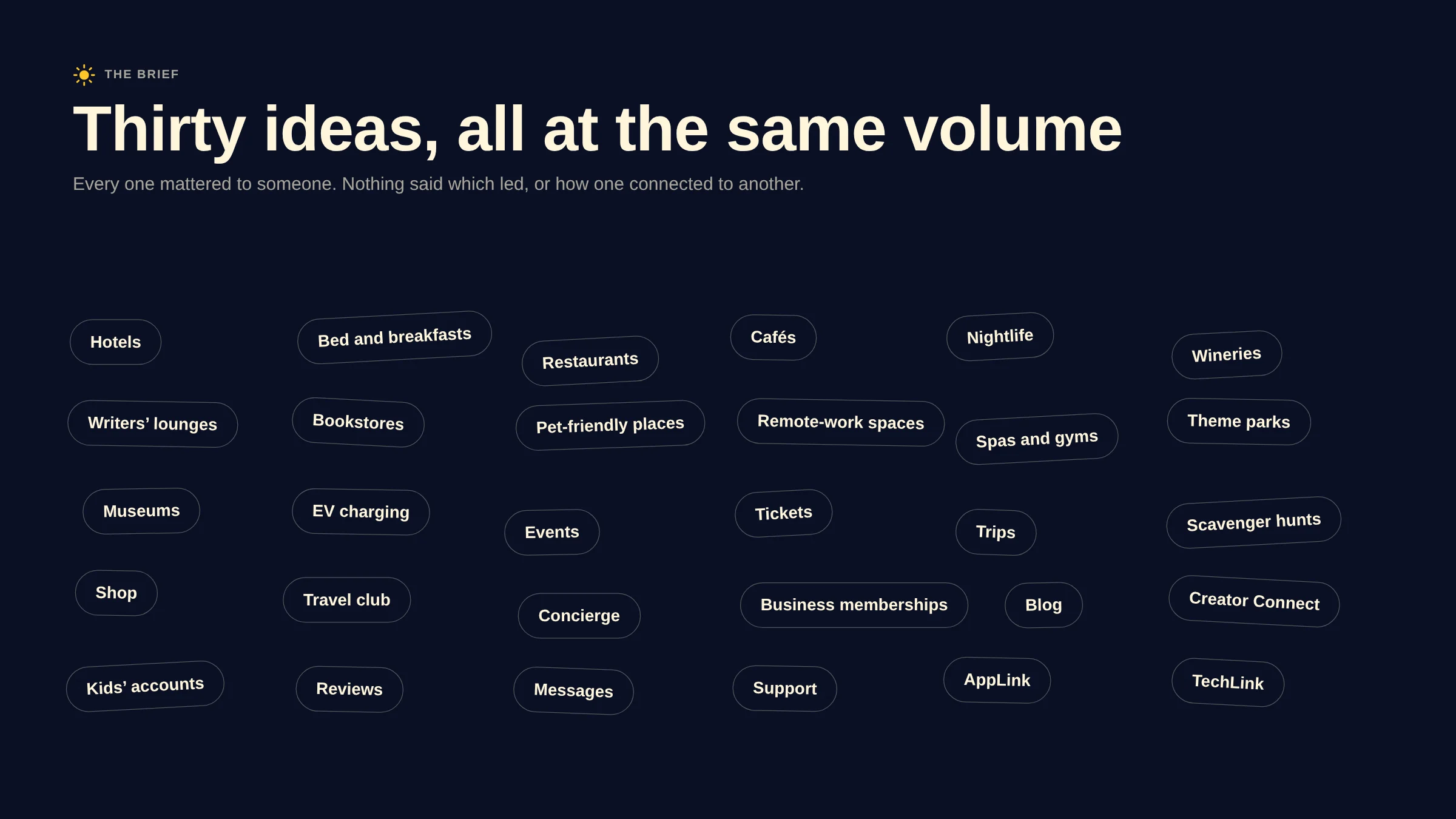 Thirty features from the brief scattered as equal tags, from hotels and wineries to kids’ accounts and EV charging