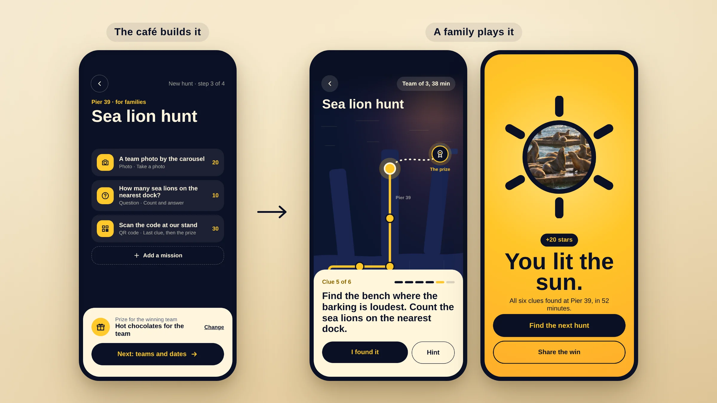 A business building a sea lion hunt with three missions and a prize, then the same hunt on the map and the finished hunt