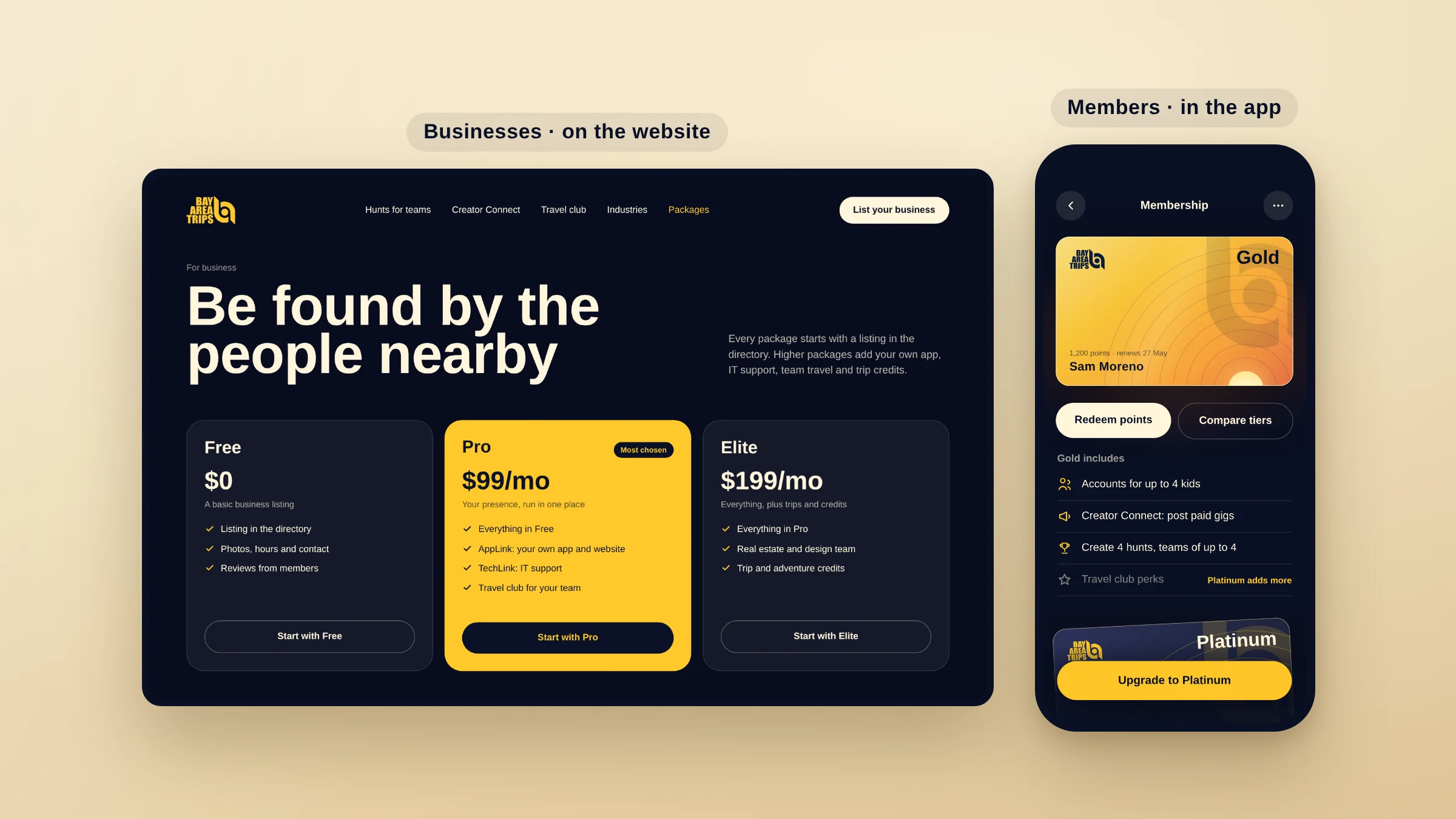 The business packages page on the website beside the Gold membership screen in the app