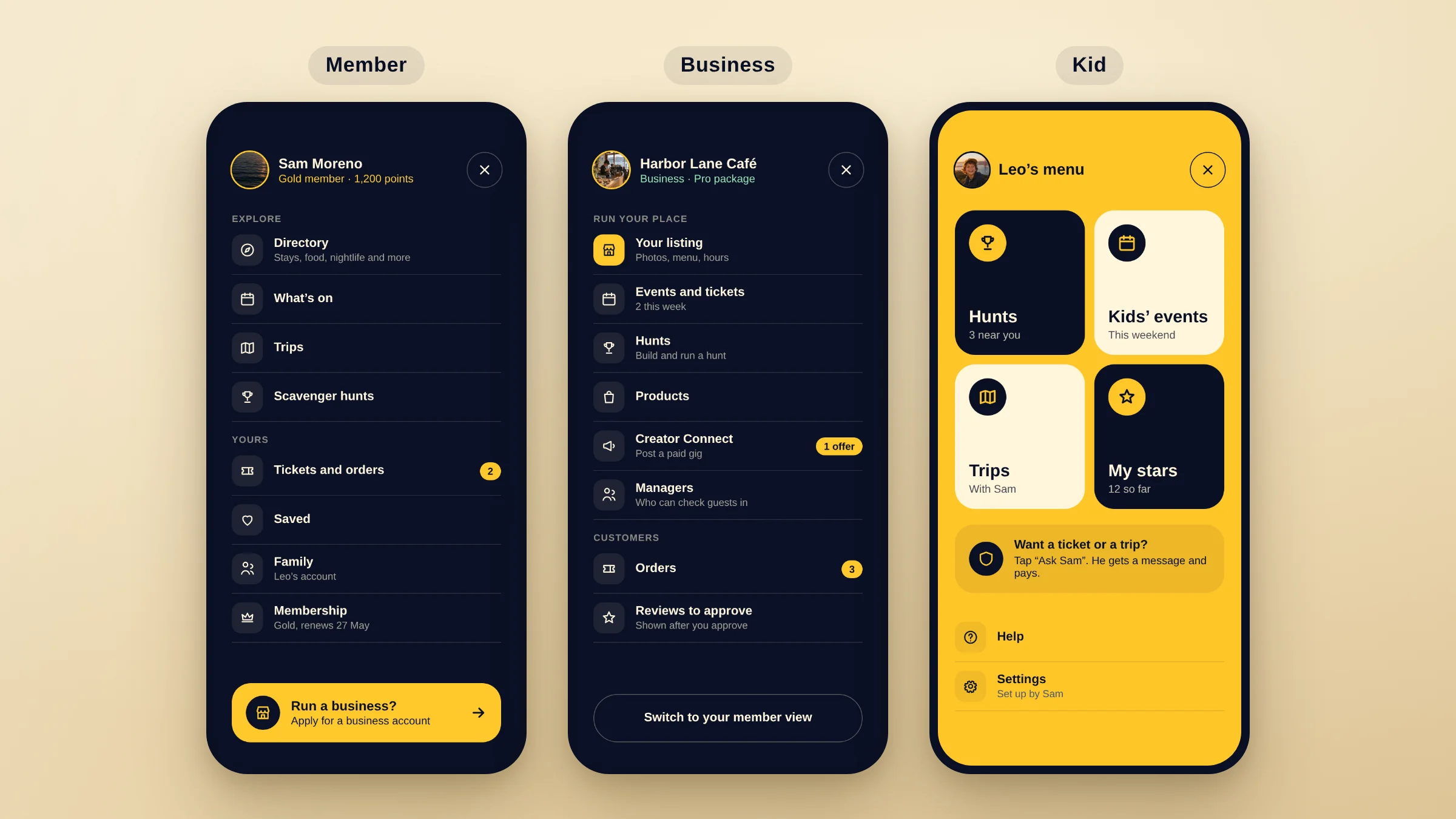 Three app menus side by side: the member menu, the business menu with its tools, and the kid menu with four large tiles