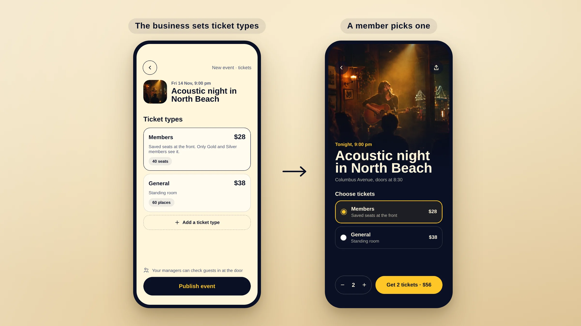 A business setting member and general ticket types for an acoustic night, then a member choosing tickets for it