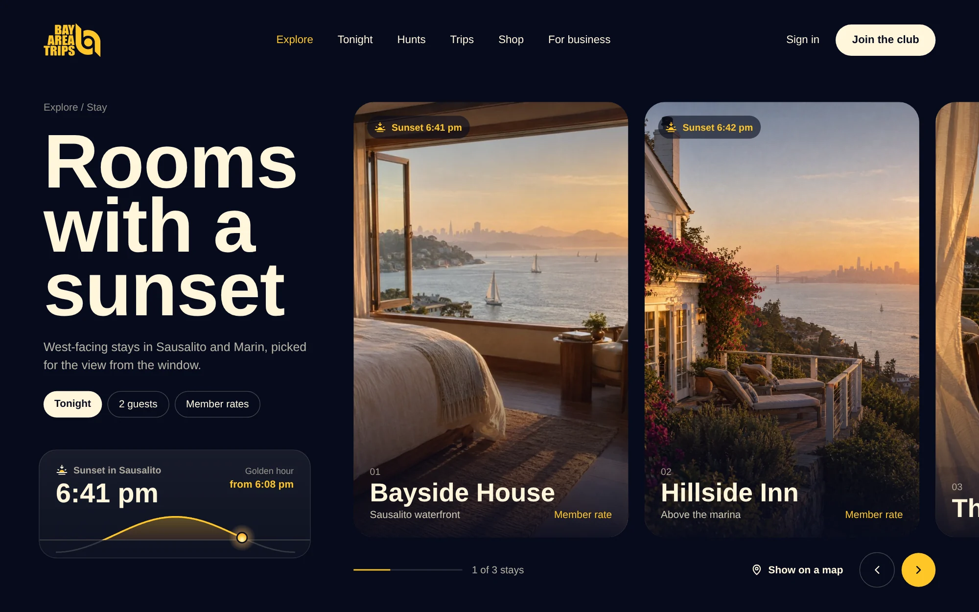 The website directory of stays, with a card showing tonight’s sunset