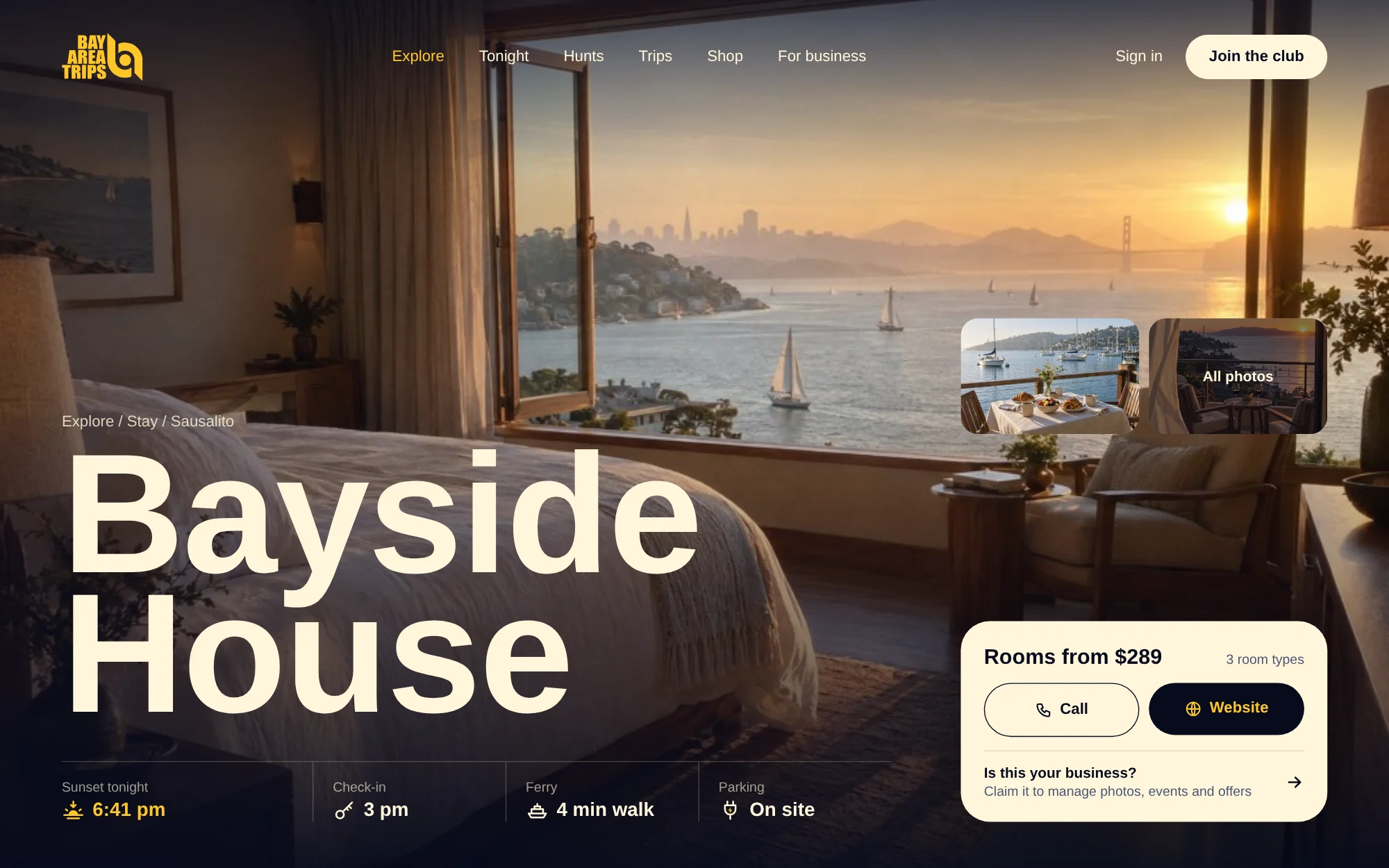A hotel listing on the website with Call and Website buttons and a prompt to claim the business