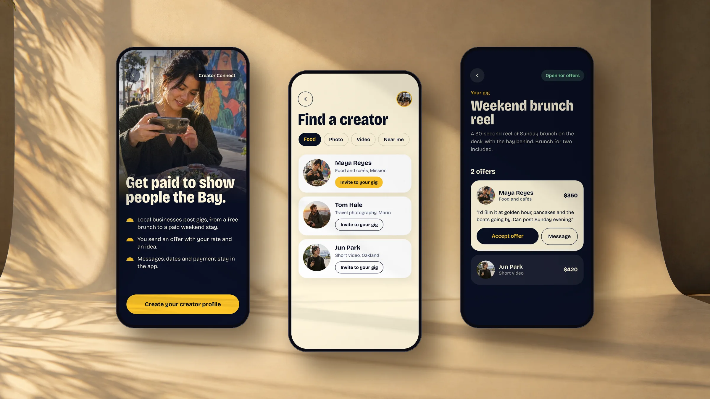 Three Creator Connect screens: joining as a creator, finding a creator, and a paid gig with offers