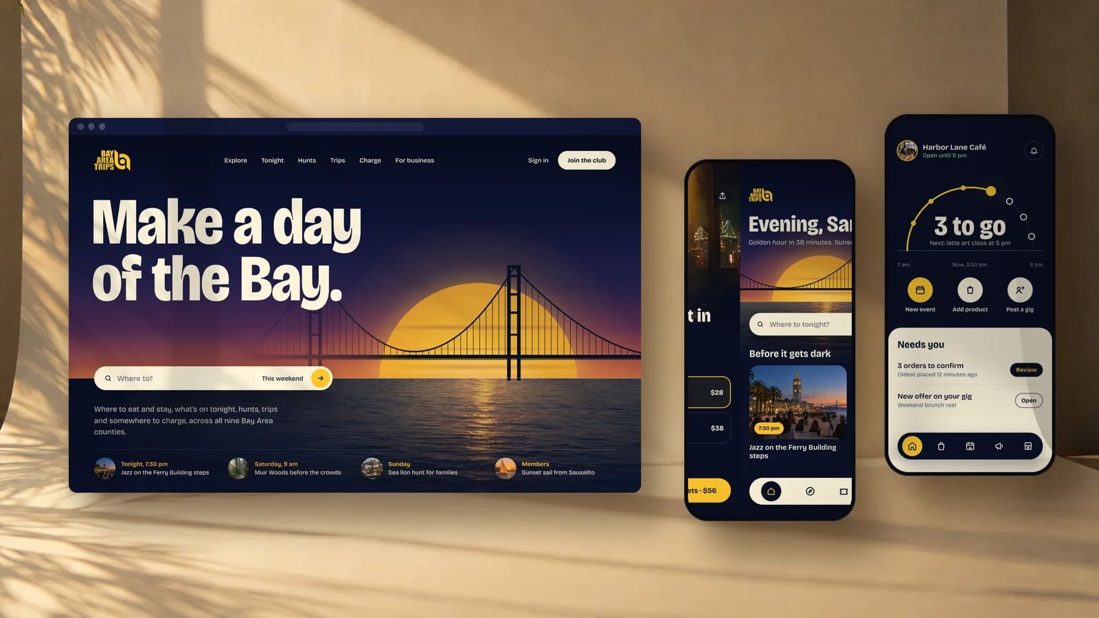 The Bay Area Trips website and two app screens on a cream studio set in late-afternoon light