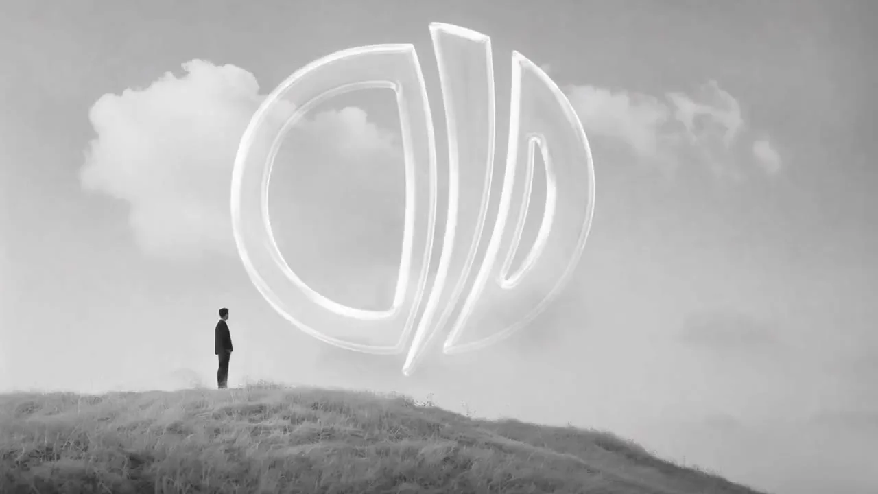 The OP logomark as a giant glass sculpture floating above a hill