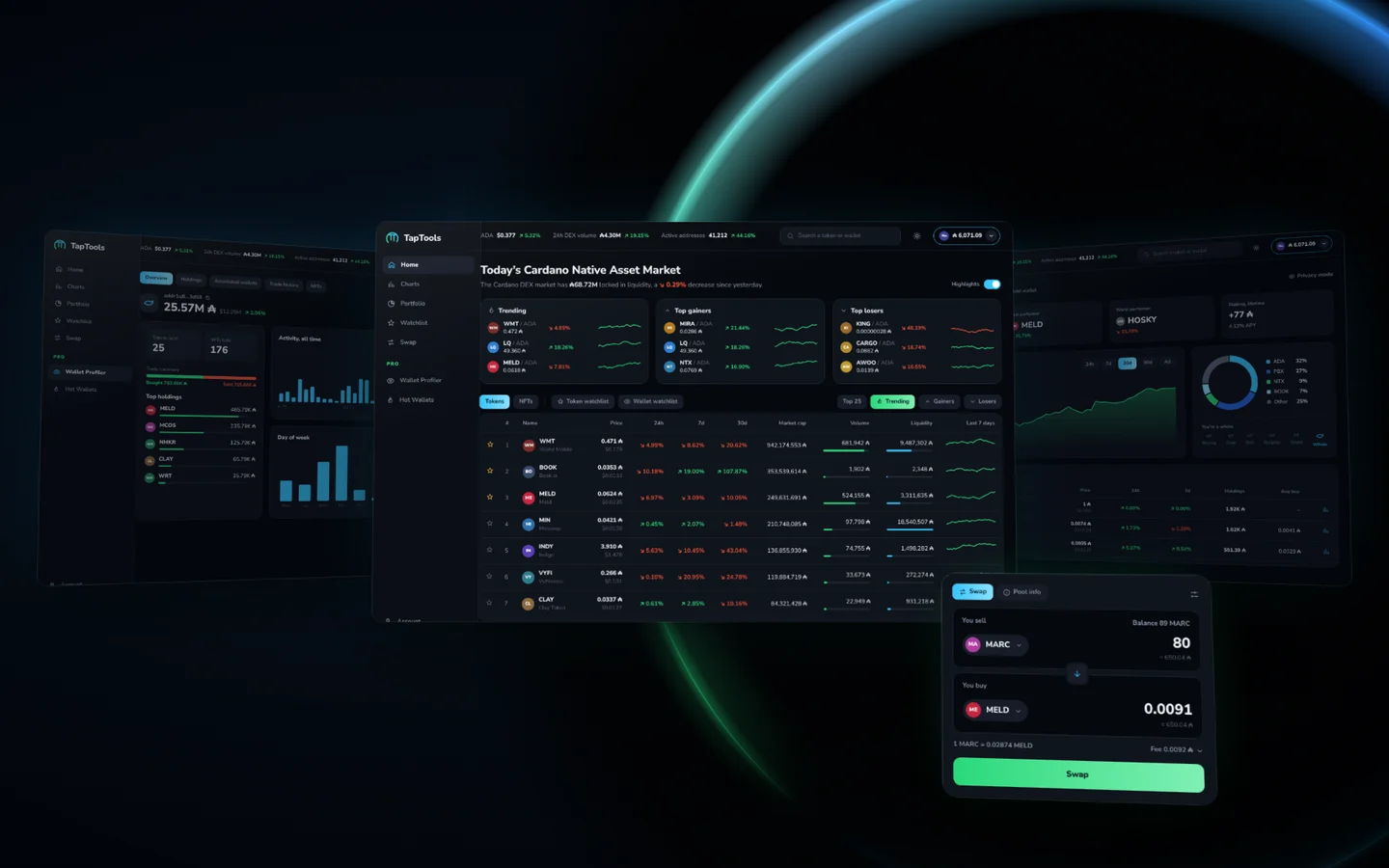TapTools market, portfolio and wallet profiler screens turning slowly in depth, with the swap card floating in front and the brand eclipse behind