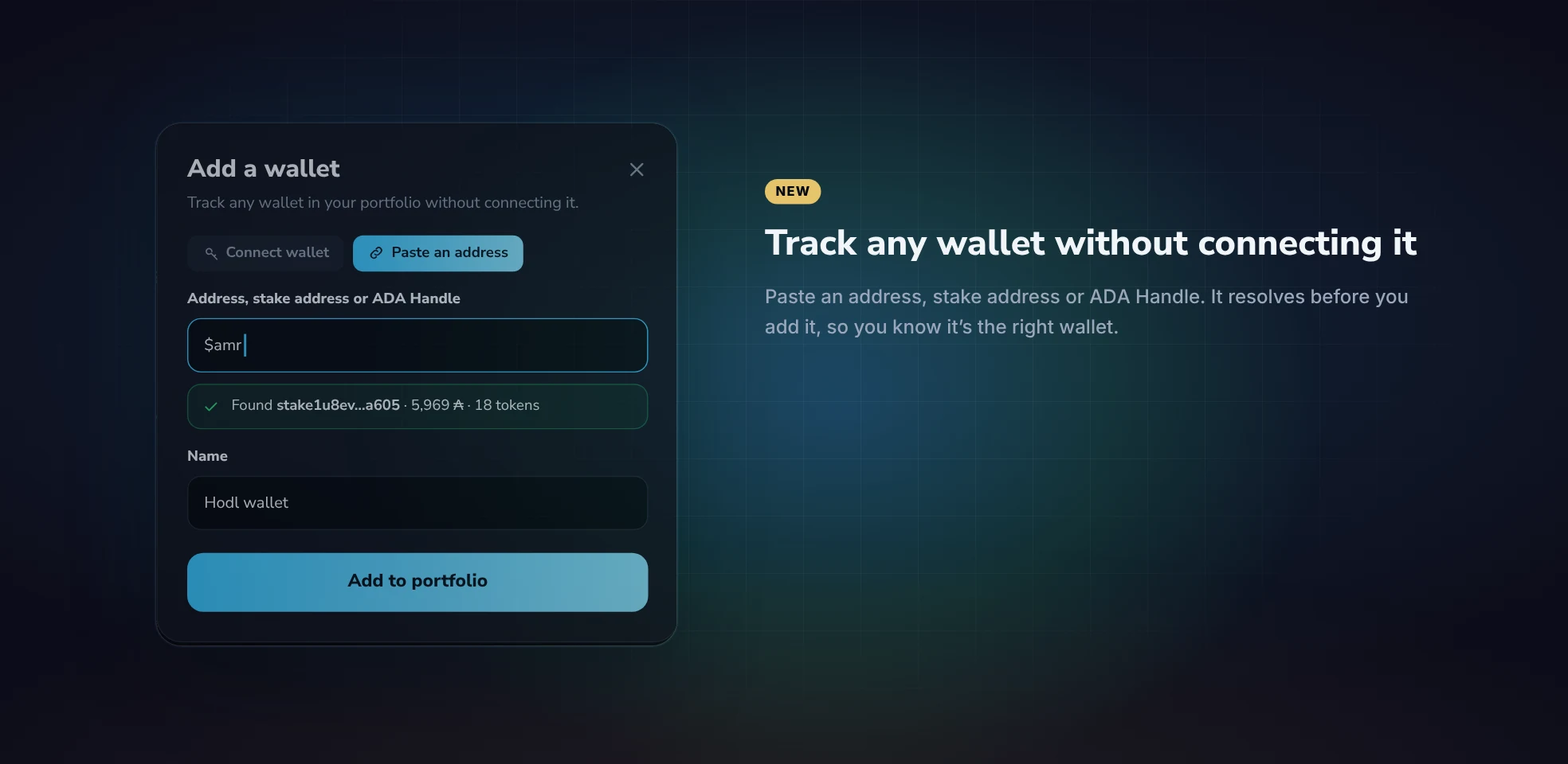 Adding a wallet by pasting an address or ADA Handle, resolved before it is added
